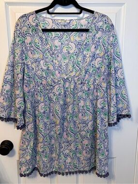 Boden Paisley Cotton Esmeralda Beach Kaftan Pom Pom Trim 3/4 Sleeve Boho 10P
